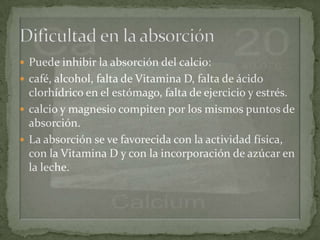  Puede inhibir la absorción del calcio:
 café, alcohol, falta de Vitamina D, falta de ácido
  clorhídrico en el estómago, falta de ejercicio y estrés.
 calcio y magnesio compiten por los mismos puntos de
  absorción.
 La absorción se ve favorecida con la actividad física,
  con la Vitamina D y con la incorporación de azúcar en
  la leche.
 