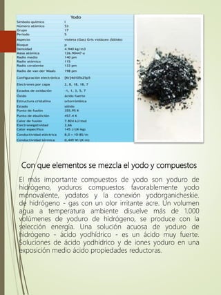 Con que elementos se mezcla el yodo y compuestos
El más importante compuestos de yodo son yoduro de
hidrógeno, yoduros compuestos favorablemente yodo
monovalente, yodatos y la conexión yodorganicheskie.
de hidrógeno - gas con un olor irritante acre. Un volumen
agua a temperatura ambiente disuelve más de 1.000
volúmenes de yoduro de hidrógeno, se produce con la
selección energía. Una solución acuosa de yoduro de
hidrógeno - ácido yodhídrico - es un ácido muy fuerte.
Soluciones de ácido yodhídrico y de iones yoduro en una
exposición medio ácido propiedades reductoras.
 