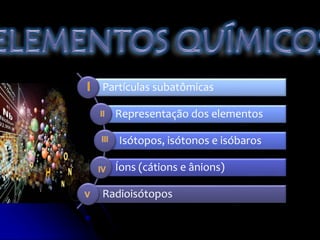 Partículas subatômicas
Representação dos elementos
Isótopos, isótonos e isóbaros
Íons (cátions e ânions)
Radioisótopos
 