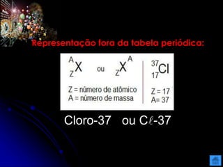 Representação fora da tabela periódica:
Cloro-37 ou C-37
 
