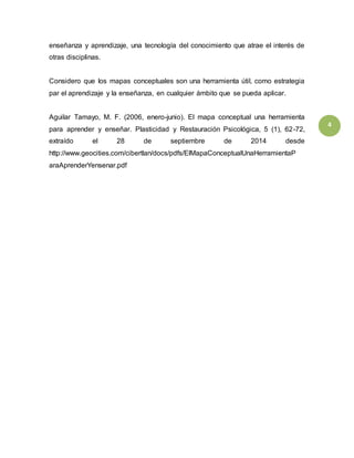 4 
enseñanza y aprendizaje, una tecnología del conocimiento que atrae el interés de 
otras disciplinas. 
Considero que los mapas conceptuales son una herramienta útil, como estrategia 
par el aprendizaje y la enseñanza, en cualquier ámbito que se pueda aplicar. 
Aguilar Tamayo, M. F. (2006, enero-junio). El mapa conceptual una herramienta 
para aprender y enseñar. Plasticidad y Restauración Psicológica, 5 (1), 62-72, 
extraído el 28 de septiembre de 2014 desde 
http://www.geocities.com/cibertlan/docs/pdfs/ElMapaConceptualUnaHerramientaP 
araAprenderYensenar.pdf 
 