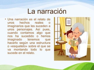 La narración
• Una narración es el relato de
unos hechos reales o
imaginarios que les suceden a
unos personajes. Así pues,
cuando contamos algo que
nos ha sucedido o hemos
imaginado tenemos que
hacerlo según una estructura
o «esqueleto» sobre el que se
va montando todo lo que
sucede en el relato.
 