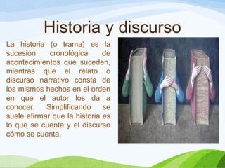 Historia y discurso
La historia (o trama) es la
sucesión cronológica de
acontecimientos que suceden,
mientras que el relato o
discurso narrativo consta de
los mismos hechos en el orden
en que el autor los da a
conocer. Simplificando se
suele afirmar que la historia es
lo que se cuenta y el discurso
cómo se cuenta.
 