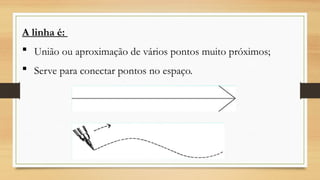 A linha é:
 União ou aproximação de vários pontos muito próximos;
 Serve para conectar pontos no espaço.
 