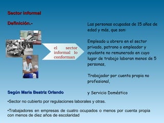 Sector informal Definición.- Según Maria Beatriz Orlando Sector no cubierto por regulaciones laborales y otras. Trabajadores en empresas de cuatro ocupados o menos por cuenta propia con menos de diez años de escolaridad Las personas ocupadas de 15 años de edad y más, que son: Empleado u obrero en el sector privado, patrono o empleador y ayudante no remunerado en cuyo lugar de trabajo laboran menos de 5 personas, Trabajador por cuenta propia no profesional, y Servicio Doméstico el sector informal lo conforman 