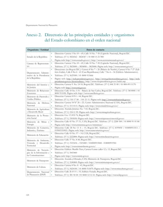Departamento Nacional de Planeación



Anexo 2.	 Directorio de las principales entidades y organismos
   		     del Estado colombiano en el orden nacional

 Organismo / Entidad                                                 Datos de contacto
                           •	     Dirección: Carrera 5 No 10 – 69, Calle 10 No. 7-50 (Capitolio Nacional), Bogotá D.C.
 Senado de la República    •	     Teléfono: (57-1) 3824362 - 3824367 / 01 800 15 21 900
                           •	     Página web: http://www.senado.gov.co/; http://www.secretariasenado.gov.co/
 Cámara de Representan- •	        Dirección: Carrera 5 No 10 – 69, Calle 10 No. 7-50 (Capitolio Nacional), Bogotá D.C.
 tes                       •	     Teléfono: (57-1) 3823000 – 3824000 – 3825000. Página web: http://www.camara.gov.co/
                           •	     Direcciones (en Bogotá D.C.): Carrera 8 No 7 – 26 (Palacio de Nariño), Carrera 8 No 7-27 (Edi-
 Departamento Adminis-            ficio Galán), Calle 8 No 6 - 63 (Casa Republicana), Calle 7 No 6 – 54 (Edificio Administrativo).
 trativo de la Presidencia •	     Teléfono: (57-1) 5629300 / 01 8000 913666
 de la República           •	     Página web: http://web.presidencia.gov.co/, http://www.gobiernoenlinea.gov.co/, http://web.
                                  presidencia.gov.co/decretoslinea/, http://www.vicepresidencia.gov.co/index.asp
 Ministerio del Interior y   •	   Dirección: Carrera 9. No. 14-10, Bogotá D.C. Teléfono: (57-1) 444 31 00 / 01-800-09-11170
 de Justicia                 •	   Página web: http://www.mij.gov.co
 Ministerio de Relaciones    •	   Dirección: Calle 10 No. 5-51 - Palacio de San Carlos, Bogotá D.C. Teléfono: (57-1) 3814000 / 01
 Exteriores                       8000 911026. Página web: http://www.cancilleria.gov.co
 Ministerio de Hacienda y    •	   Dirección: Carrera 8 # 6 – 64, Bogotá D.C.
 Crédito Público             •	   Teléfono: (57-1) 3 81 17 00 - 3 81 21 11. Página web: http://www.minhacienda.gov.co
 Ministerio de Defensa       •	   Dirección: Carrera 54 Nº 26 – 25, Centro Administrativo Nacional (CAN), Bogotá D.C.
 Nacional                    •	   Teléfono: (57-1) 315 0111. Página web: http://www.mindefensa.gov.co/
 Ministerio de Agricultura   •	   Dirección: Avenida Jiménez No. 7-65, Bogotá D.C.
 y Desarrollo Rural          •	   Teléfono: (57-1) 334 11 99. Página web: http://www.minagricultura.gov.co
 Ministerio de la Protec-    •	   Dirección: Cra. 13 #32-76, Bogotá D.C.
 ción Social                 •	   Teléfono: (57-1) 3305050. Página web: http://www.minproteccionsocial.gov.co
 Ministerio de Minas y       •	   Dirección: Calle 43 No. 57-31, CAN, Bogotá D.C. Teléfono: (57-1) 2200 300 / 01 8000 91 01 80.
 Energía                     •	   Página web: http://www.minminas.gov.co/minminas/
 Ministerio de Comercio,     •	   Dirección: Calle 28 No 13 A – 15, Bogotá D.C. Teléfono: (57-1) 4199450 / 018000913311 /
 Industria y Turismo              019003310021. Página web: http://www.mincomercio.gov.co/
                             •	   Dirección: Calle 43 No. 57 – 14, CAN, Bogotá D.C.
 Ministerio de Educación
                             •	   Teléfono: (57-1) 2222800. Página web: http://www.mineducacion.gov.co
 Ministerio de Ambiente,     •	   Dirección: Calle 37 No. 8-40, Bogotá D.C.
 Vivienda y Desarrollo       •	   Teléfono: (57-1) 3323434 – 3323400 / 018000915060 - 018000919301
 Territorial                 •	   Página web: http://www.minambiente.gov.co/
 Ministerio de Tecnolo-      •	   Dirección: Edificio Murillo Toro, Carrera 8 entre calles 12 y 13, Bogotá D.C.
 gías de la Información y    •	   Teléfono: (57-1) 3443460
 las Comunicaciones          •	   Página web: http://www.mintic.gov.co
                             •	   Dirección: Avenida el Dorado, CAN, Ministerio de Transporte, Bogotá D.C.
 Ministerio de Transporte
                             •	   Teléfono: (57-1) 3240800. Página web: http://www.mintransporte.gov.co/
                             •	   Dirección: Carrera 8 No. 8 - 43, Bogotá D.C.
 Ministerio de Cultura
                             •	   Teléfono: (57-1) 3424100 / 01 8000 913079. Página web: http://www.mincultura.gov.co/
 Departamento Nacional       •	   Dirección: Calle 26 # 13 – 19, Edificio Fonade, Bogotá D.C.
 de Planeación (DNP)         •	   Teléfono: (57-1) 381 50 00 /01 8000 12 12 21. Página web: http://www.dnp.gov.co




120
 