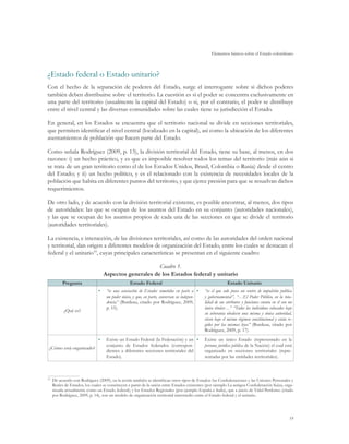 Elementos básicos sobre el Estado colombiano



¿Estado federal o Estado unitario?
Con el hecho de la separación de poderes del Estado, surge el interrogante sobre si dichos poderes
también deben distribuirse sobre el territorio. La cuestión es si el poder se concentra exclusivamente en
una parte del territorio (usualmente la capital del Estado) o si, por el contrario, el poder se distribuye
entre el nivel central y las diversas comunidades sobre las cuales tiene su jurisdicción el Estado.

En general, en los Estados se encuentra que el territorio nacional se divide en secciones territoriales,
que permiten identificar el nivel central (localizado en la capital), así como la ubicación de los diferentes
asentamientos de población que hacen parte del Estado.

Como señala Rodríguez (2009, p. 13), la división territorial del Estado, tiene su base, al menos, en dos
razones: i) un hecho práctico, y es que es imposible resolver todos los temas del territorio (más aún si
se trata de un gran territorio como el de los Estados Unidos, Brasil, Colombia o Rusia) desde el centro
del Estado; y ii) un hecho político, y es el relacionado con la existencia de necesidades locales de la
población que habita en diferentes puntos del territorio, y que ejerce presión para que se resuelvan dichos
requerimientos.

De otro lado, y de acuerdo con la división territorial existente, es posible encontrar, al menos, dos tipos
de autoridades: las que se ocupan de los asuntos del Estado en su conjunto (autoridades nacionales),
y las que se ocupan de los asuntos propios de cada una de las secciones en que se divide el territorio
(autoridades territoriales).

La existencia, e interacción, de las divisiones territoriales, así como de las autoridades del orden nacional
y territorial, dan origen a diferentes modelos de organización del Estado, entre los cuales se destacan: el
federal y el unitario19, cuyas principales características se presentan en el siguiente cuadro:

                                                       Cuadro 1.
                                  Aspectos generales de los Estados federal y unitario
        Pregunta                                Estado Federal                                           Estado Unitario
                             •	    “es una asociación de Estados sometidos en parte a •	    “es el que solo posee un centro de impulsión política
                                   un poder único, y que, en parte, conservan su indepen-   y gubernamental”, “…El Poder Público, en la tota-
                                   dencia” (Burdeau, citado por Rodríguez, 2009,            lidad de sus atributos y funciones cuenta en él con un
                                   p. 15).                                                  único titular…” “Todos los individuos colocados bajo
         ¿Qué es?
                                                                                            su soberanía obedecen una misma y única autoridad,
                                                                                            viven bajo el mismo régimen constitucional y están re-
                                                                                            gidos por las mismas leyes” (Burdeau, citado por
                                                                                            Rodríguez, 2009, p. 17).
                             •	    Existe un Estado Federal (la Federación) y un •	         Existe un único Estado (representado en la
                                   conjunto de Estados federados (correspon-                persona jurídica pública de la Nación) el cual está
 ¿Cómo está organizado?
                                   dientes a diferentes secciones territoriales del         organizado en secciones territoriales (repre-
                                   Estado).                                                 sentadas por las entidades territoriales).



 	 De acuerdo con Rodríguez (2009), en la teoría también se identifican otros tipos de Estados: las Confederaciones y las Uniones Personales y
19

   Reales de Estados, los cuales se constituyen a partir de la unión entre Estados existentes (por ejemplo La antigua Confederación Suiza, orga-
   nizada actualmente como un Estado federal); y los Estados Regionales (por ejemplo España e Italia), que a juicio de Vidal Perdomo (citado
   por Rodríguez, 2009, p. 14), son un modelo de organización territorial intermedio entre el Estado federal y el unitario.




                                                                                                                                                19
 