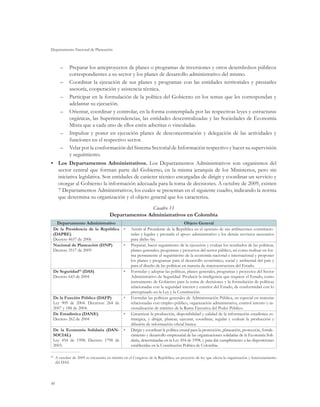 Departamento Nacional de Planeación



        –	 Preparar los anteproyectos de planes o programas de inversiones y otros desembolsos públicos
           correspondientes a su sector y los planes de desarrollo administrativo del mismo.
        –	 Coordinar la ejecución de sus planes y programas con las entidades territoriales y prestarles
           asesoría, cooperación y asistencia técnica.
        –	 Participar en la formulación de la política del Gobierno en los temas que les correspondan y
           adelantar su ejecución.
        –	 Orientar, coordinar y controlar, en la forma contemplada por las respectivas leyes y estructuras
           orgánicas, las Superintendencias, las entidades descentralizadas y las Sociedades de Economía
           Mixta que a cada uno de ellos estén adscritas o vinculadas.
        –	 Impulsar y poner en ejecución planes de desconcentración y delegación de las actividades y
           funciones en el respectivo sector.
        –	 Velar por la conformación del Sistema Sectorial de Información respectivo y hacer su supervisión
           y seguimiento.
•	 Los Departamentos Administrativos. Los Departamentos Administrativos son organismos del
   sector central que forman parte del Gobierno, en la misma jerarquía de los Ministerios, pero sin
   iniciativa legislativa. Son entidades de carácter técnico encargadas de dirigir y coordinar un servicio y
   otorgar al Gobierno la información adecuada para la toma de decisiones. A octubre de 2009, existen
   7 Departamentos Administrativos, los cuales se presentan en el siguiente cuadro, indicando la norma
   que determina su organización y el objeto general que los caracteriza.
                                                      Cuadro 11
                                       Departamentos Administrativos en Colombia
    Departamento Administrativo                                                         Objeto General
  De la Presidencia de la República •	               Asistir al Presidente de la República en el ejercicio de sus atribuciones constitucio-
  (DAPRE)                                            nales y legales y prestarle el apoyo administrativo y los demás servicios necesarios
  Decreto 4657 de 2006                               para dicho fin.
  Nacional de Planeación (DNP)      •	               Preparar, hacer seguimiento de la ejecución y evaluar los resultados de las políticas,
  Decreto 3517 de 2009                               planes generales, programas y proyectos del sector público, así como realizar en for-
                                                     ma permanente el seguimiento de la economía nacional e internacional y proponer
                                                     los planes y programas para el desarrollo económico, social y ambiental del país y
                                                     para el diseño de las políticas en materia de macroestructura del Estado.
  De Seguridad52 (DAS)                          •	   Formular y adoptar las políticas, planes generales, programas y proyectos del Sector
  Decreto 643 de 2004                                Administrativo de Seguridad. Producir la inteligencia que requiere el Estado, como
                                                     instrumento de Gobierno para la toma de decisiones y la formulación de políticas
                                                     relacionadas con la seguridad interior y exterior del Estado, de conformidad con lo
                                                     preceptuado en la Ley y la Constitución.
  De la Función Pública (DAFP)      •	               Formular las políticas generales de Administración Pública, en especial en materias
  Ley 909 de 2004. Decretos: 264 de                  relacionadas con empleo público, organización administrativa, control interno y ra-
  2007 y 188 de 2004.                                cionalización de trámites de la Rama Ejecutiva del Poder Público.
  De Estadística (DANE)             •	               Garantizar la producción, disponibilidad y calidad de la información estadística es-
  Decreto 262 de 2004                                tratégica, y dirigir, planear, ejecutar, coordinar, regular y evaluar la producción y
                                                     difusión de información oficial básica.
  De la Economía Solidaria (DAN- •	                  Dirigir y coordinar la política estatal para la promoción, planeación, protección, fortale-
  SOCIAL)                                            cimiento y desarrollo empresarial de las organizaciones solidarias de la Economía Soli-
  Ley 454 de 1998. Decreto 1798 de                   daria, determinadas en la Ley 454 de 1998, y para dar cumplimiento a las disposiciones
  2003.                                              establecidas en la Constitución Política de Colombia.

52	
      A octubre de 2009 se encuentra en trámite en el Congreso de la República, un proyecto de ley que afecta la organización y funcionamiento
      del DAS.




48
 