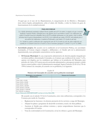 Departamento Nacional de Planeación



     Al igual que en el caso de los Departamentos, la categorización de los Distritos y Municipios
     tiene efectos legales, principalmente, sobre el salario del Alcalde, y sobre los límites de gasto de
     funcionamiento de la entidad territorial.

                                                      PARA RECORDAR
     Los Alcaldes determinarán anualmente, mediante Decreto expedido antes del 31 de octubre, la categoría en la que se encuentra
       clasificado el respectivo Distrito o Municipio para el año siguiente, para lo cual tendrán en cuenta: i) las certificaciones que
      expida el Contralor General de la República sobre los ICLD recaudados efectivamente en el año anterior y sobre la relación
     porcentual entre los gastos de funcionamiento y los ICLD; y ii) la certificación que expida el DANE sobre población para el
                  año anterior (las certificaciones se remitirán al Gobernador, a más tardar, el 31 de julio de cada año).
       Si el Alcalde no expide la certificación sobre categorización antes del 31 de octubre de cada año, dicha certificación será
       expedida por el Contador General de la Nación en el mes de noviembre (parágrafo 5º, artículo 2o, Ley 617 de 2000).

•	 Autoridades propias. De acuerdo con lo establecido en la Constitución Política, son autoridades
   municipales, el Concejo (órgano colegiado y deliberante) y el Alcalde (jefe de la administración
   departamental), cuyas principales características son las siguientes:

     –	 El Concejo Municipal. Es una corporación administrativa de elección popular integrada por
        servidores públicos denominados Concejales, en el número que establezca la ley (entre 7 a 21),
        quienes son elegidos, por los ciudadanos que habitan en la jurisdicción del Municipio, para
        períodos de 4 años. El Concejo goza de autonomía administrativa y presupuesto propio, y podrá
        ejercer control político sobre la administración municipal. Según el artículo 22 de la Ley 136 de
        1994 el número de concejales, de acuerdo con su población, es el siguiente:

                                               Cuadro 18
                       Número de Concejales de acuerdo con la población municipal
                   Municipios con población                                                 Número de Concejales
                        (Habitantes)
 5.000                                                                                                    7
 Entre 5.001 a 10.000                                                                                     9
 Entre 10.001 a 20.000                                                                                   11
 Entre 20.001 a 50.000                                                                                   13
 Entre 50.001 a 100.000                                                                                  15
 Entre 100.001 a 250.000                                                                                 17
 Entre 250.001 a 1.000.000                                                                               19
 De 1.000.001 en adelante                                                                                21
Fuente: Elaboración DNP-DDTS-GGPT con base en la Ley 136 de 1994.

          De acuerdo con el artículo 313 de la Constitución, entre otras atribuciones, corresponde a los
          Concejos, por medio de Acuerdos:
          ––     Reglamentar las funciones y la eficiente prestación de los servicios a cargo del Municipio.
          ––     Adoptar los planes y programas de desarrollo económico, social y de obras públicas.
          ––     Autorizar al Alcalde para celebrar contratos y ejercer temporalmente funciones que le
                 corresponden al Concejo.
          ––     Votar de conformidad con la Constitución y la ley los tributos y gastos del Municipio.



70
 