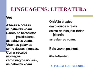 LINGUAGENS: LITERATURA
Oh! Alto e baixo
em círculos e retas
acima de nós, em redor
[de nós
as palavras voam.
E às vezes pousam.
(Cecília Meireles)
A POESIA SURPREENDE.
Voo
Alheias e nossas
as palavras voam.
Bando de borboletas
[multicolores,
as palavras voam.
Voam as palavras
como águias imensas.
Como escuros
morcegos
como negros abutres,
as palavras voam.
 