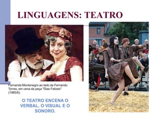 LINGUAGENS: TEATRO
Fernanda Montenegro ao lado de Fernando
Torres, em cena da peça "Dias Felizes"
(1985/6).
O TEATRO ENCENA O
VERBAL, O VISUAL E O
SONORO.
 