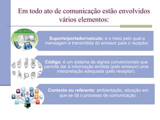 Em todo ato de comunicação estão envolvidos
vários elementos:
Suporte/portador/veículo: é o meio pelo qual a
mensagem é transmitida do emissor para o receptor.
Código: é um sistema de signos convencionais que
permite dar à informação emitida (pelo emissor) uma
interpretação adequada (pelo receptor).
Contexto ou referente: ambientação, situação em
que se dá o processo de comunicação.
 