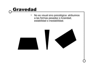 Gravedad
      • No es visual sino psicológica: atribuimos
        a las formas pesadez o liviandad,
        estabilidad o inestabilidad.
 
