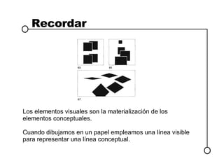 Recordar Los elementos visuales son la materialización de los elementos conceptuales. Cuando dibujamos en un papel empleamos una línea visible para representar una línea conceptual. 