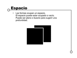 Espacio Las formas ocupan un espacio. El espacio puede estar ocupado o vacío. Puede ser pleno o ilusorio para sugerir una profundidad. 