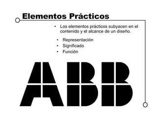 Elementos Prácticos Los elementos prácticos subyacen en el contenido y el alcance de un diseño. Representación Significado Función 