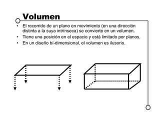 Volumen El recorrido de un plano en movimiento (en una dirección distinta a la suya intrínseca) se convierte en un volumen. Tiene una posición en el espacio y está limitado por planos. En un diseño bí-dimensional, el volumen es ilusorio. 