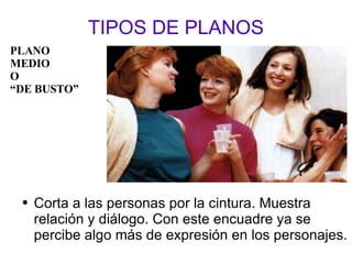 TIPOS DE PLANOS Corta a las personas por la cintura. Muestra relación y diálogo. Con este encuadre ya se percibe algo más de expresión en los personajes. PLANO  MEDIO O “ DE BUSTO” 
