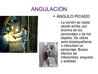 ANGULACIÓN ÁNGULO PICADO La acción se capta desde arriba, por encima de los personajes o de los objetos. Se utiliza para empequeñecer o ridiculizar un personaje. Busca efectos de inferioridad, angustia y soledad.  