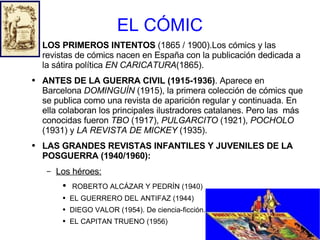 EL CÓMIC LOS PRIMEROS INTENTOS  (1865 / 1900).Los cómics y las revistas de cómics nacen en España con la publicación dedicada a la sátira política  EN CARICATURA (1865). ANTES DE LA GUERRA CIVIL (1915-1936) . Aparece en Barcelona  DOMINGUÍN  (1915), la primera colección de cómics que se publica como una revista de aparición regular y continuada. En ella colaboran los principales ilustradores catalanes. Pero las  más conocidas fueron  TBO  (1917),  PULGARCITO  (1921),  POCHOLO  (1931) y  LA REVISTA DE MICKEY  (1935). LAS GRANDES REVISTAS INFANTILES Y JUVENILES DE LA POSGUERRA (1940/1960): Los héroes: ROBERTO ALCÁZAR Y PEDRÍN (1940)  EL GUERRERO DEL ANTIFAZ (1944) DIEGO VALOR (1954). De ciencia-ficción. EL CAPITAN TRUENO (1956) 
