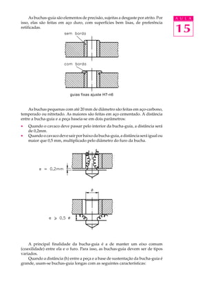 As buchas-guia são elementos de precisão, sujeitas a desgaste por atrito. Por A U L A 
15 
isso, elas são feitas em aço duro, com superfícies bem lisas, de preferência 
retificadas. 
guias fixas ajuste H7-n6 
As buchas pequenas com até 20 mm de diâmetro são feitas em aço-carbono, 
temperado ou nitretado. As maiores são feitas em aço cementado. A distância 
entre a bucha-guia e a peça baseia-se em dois parâmetros: 
· Quando o cavaco deve passar pelo interior da bucha-guia, a distância será 
de 0,2mm. 
· Quando o cavaco deve sair por baixo da bucha-guia, a distância será igual ou 
maior que 0,5 mm, multiplicado pelo diâmetro do furo da bucha. 
A principal finalidade da bucha-guia é a de manter um eixo comum 
(coaxilidade) entre ela e o furo. Para isso, as buchas-guia devem ser de tipos 
variados. 
Quando a distância (h) entre a peça e a base de sustentação da bucha-guia é 
grande, usam-se buchas-guia longas com as seguintes características: 
 