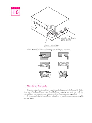 A U L A 
16 
Tipos de barramentos e suas respectivas réguas de ajuste. 
Material de fabricação 
Geralmente, o barramento, ou seja, conjunto de guias de deslizamento é feito 
com ferro fundido. Conforme a finalidade do emprego da guia, ela pode ser 
submetida a um tratamento para aumentar a dureza de sua superfície. 
O barramento é muito usado em máquinas operatrizes como, por exemplo, 
em um torno. 
 