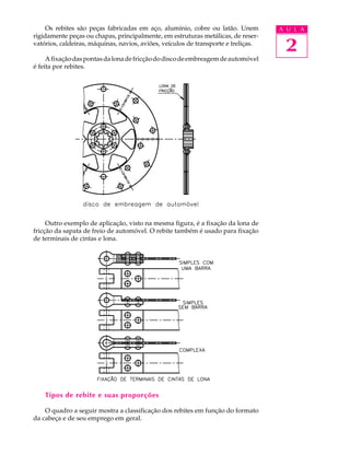 Os rebites são peças fabricadas em aço, alumínio, cobre ou latão. Unem A U L A 
2 
rigidamente peças ou chapas, principalmente, em estruturas metálicas, de reser-vat 
órios, caldeiras, máquinas, navios, aviões, veículos de transporte e treliças. 
A fixação das pontas da lona de fricção do disco de embreagem de automóvel 
é feita por rebites. 
Outro exemplo de aplicação, visto na mesma figura, é a fixação da lona de 
fricção da sapata de freio de automóvel. O rebite também é usado para fixação 
de terminais de cintas e lona. 
Tipos de rebite e suas proporções 
O quadro a seguir mostra a classificação dos rebites em função do formato 
da cabeça e de seu emprego em geral. 
 