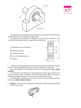 A U L A 
17 
As dimensões e características dos rolamentos são indicadas nas diferentes 
normas técnicas e nos catálogos de fabricantes. 
Ao examinar um catálogo de rolamentos, ou uma norma específica, você 
encontrará informações sobre as seguintes características: 
Características dos rolamentos: 
D: diâmetro externo; 
d: diâmetro interno; 
R: raio de arredondamento; 
L: largura. 
Em geral, a normalização dos rolamentos é feita a partir do diâmetro interno 
d, isto é, a partir do diâmetro do eixo em que o rolamento é utilizado. 
Para cada diâmetro são definidas três séries de rolamentos: leve, média 
e pesada. 
As séries leves são usadas para cargas pequenas. Para cargas maiores, são 
usadas as séries média ou pesada. Os valores do diâmetro D e da largura L 
aumentam progressivamente em função dos aumentos das cargas. 
Os rolamentos classificam-se de acordo com as forças que eles suportam. 
Podem ser radiais, axiais e mistos. 
· Radiais - não suportam cargas axiais e impedem o deslocamento no sentido 
transversal ao eixo 
 