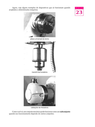 Agora, veja alguns exemplos de dispositivos que só funcionam quando A U L A 
23 
acoplados a determinadas máquinas. 
placa universal do torno 
mandril da furadeira 
cabeçote da fresadora 
Como você vê, um conjunto mecânico pode funcionar como um subconjunto 
quando seu funcionamento depende de outros conjuntos. 
 