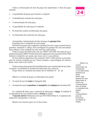 Todas as informações da lista de peças são importantes. A lista de peças A U L A 
24 
informa: 
· A quantidade de peças que formam o conjunto. 
· A identificação numeral de cada peça. 
· A denominação de cada peça. 
· A quantidade de cada peça no conjunto. 
· Os materiais usados na fabricação das peças. 
· As dimensões dos materiais de cada peça. 
Acompanhe a interpretação da lista de peças do grampo fixo. 
O grampo fixo é composto de cinco peças. 
Os nomes das peças que compõem o grampo fixo são: corpo, encosto móvel, 
parafuso, manípulo e cabeça. Para montagem do grampo fixo são necessárias 
duas cabeças e uma unidade de cada uma das outras peças. 
Todas as peças são fabricadas com aço ABNT 1010-1020. Esse tipo de aço é 
padronizado pela ABNT. Os dois primeiros algarismos dos numerais 1010 e 1020 
indicam o material a ser usado, que nesse caso é o aço-carbono. 
Os dois últimos algarismos dos numerais 1010 e 1020 indicam a porcenta-gem 
de carbono existente no aço. Nesse exemplo, a porcentagem de carbono 
pode variar entre 0,10 e 0,20%. 
Todas as peças do grampo fixo são fabricadas com o mesmo tipo de aço. Mas, 
as seções e as medidas do material de fabricação são variáveis. 
O que indica as variações das seções são os símbolos: Æ ¨ 
Observe, na listas de peças, as indicações das seções: 
· As seção do aço do corpo é retangular ( ). 
· As seções dos aços do parafuso, do manípulo e das cabeças são circulares (Æ). 
Já o símbolo # indica que o material de fabricação é chapa. O símbolo # 
acompanhado de um numeral indica a bitola da chapa. 
O encosto móvel é fabricado com aço 1010-1020 e bitola 16. A espessura da 
chapa #16 corresponde a 1,52 mm. 
Resolva um exercício para ver se ficou claro. 
Bitola é um 
número 
padronizado que 
corresponde 
a uma determinada 
espessura de 
chapa. 
Assim, onde 
aparece #16, leia 
chapa bitola 16. 
Existe uma 
correspondência 
entre as bitolas 
e a espessura das 
chapas. 
Essa 
correspondência 
pode ser 
encontrada 
em tabelas de 
chapas. 
 