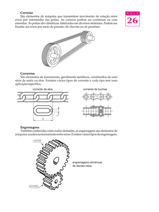 Correias A U L A 
São elementos de máquina que transmitem movimento de rotação entre 
26 
eixos por intermédio das polias. As correias podem ser contínuas ou com 
emendas. As polias são cilíndricas, fabricadas em diversos materiais. Podem ser 
fixadas aos eixos por meio de pressão, de chaveta ou de parafuso. 
Correntes 
São elementos de transmissão, geralmente metálicos, constituídos de uma 
série de anéis ou elos. Existem vários tipos de corrente e cada tipo tem uma 
aplicação específica. 
corrente de elos corrente de buchas 
Engrenagens 
Também conhecidas como rodas dentadas, as engrenagens são elementos de 
máquina usados na transmissão entre eixos. Existem vários tipos de engrenagem. 
engrenagens cilíndricas 
de dentes retos 
 