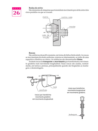A U L A Rodas de atrito 
26 
São elementos de máquinas que transmitem movimento por atrito entre dois 
eixos paralelos ou que se cruzam. 
Roscas 
São saliências de perfil constante, em forma de hélice (helicoidal). As roscas 
se movimentam de modo uniforme, externa ou internamente, ao redor de uma 
superfície cilíndrica ou cônica. As saliências são denominadas filetes. 
Existem roscas de transporte ou movimento que transformam o movimen-to 
giratório num movimento longitudinal. Essas roscas são usadas, normal-mente, 
em tornos e prensas, principalmente quando são freqüentes as monta-gens 
e desmontagens. 
rosca que transforma 
movimento giratório 
em movimento longitudinal. 
rosca que transforma 
movimento longitudinal 
em movimento giratório. 
berbequim 
 