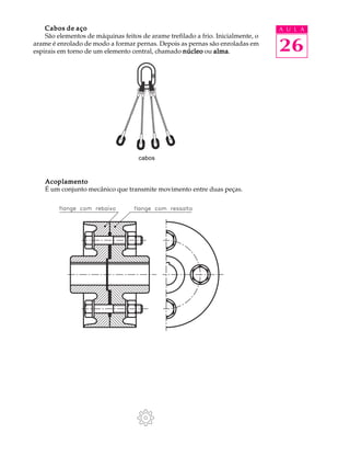 Cabos de aço A U L A 
São elementos de máquinas feitos de arame trefilado a frio. Inicialmente, o 
26 
arame é enrolado de modo a formar pernas. Depois as pernas são enroladas em 
espirais em torno de um elemento central, chamado núcleo ou alma. 
cabos 
Acoplamento 
É um conjunto mecânico que transmite movimento entre duas peças. 
 