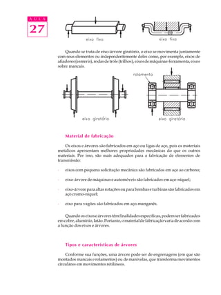 A U L A 
27 
Quando se trata de eixo-árvore giratório, o eixo se movimenta juntamente 
com seus elementos ou independentemente deles como, por exemplo, eixos de 
afiadores (esmeris), rodas de trole (trilhos), eixos de máquinas-ferramenta, eixos 
sobre mancais. 
Material de fabricação 
Os eixos e árvores são fabricados em aço ou ligas de aço, pois os materiais 
metálicos apresentam melhores propriedades mecânicas do que os outros 
materiais. Por isso, são mais adequados para a fabricação de elementos de 
transmissão: 
· eixos com pequena solicitação mecânica são fabricados em aço ao carbono; 
· eixo-árvore de máquinas e automóveis são fabricados em aço-níquel; 
· eixo-árvore para altas rotações ou para bombas e turbinas são fabricados em 
aço cromo-níquel; 
· eixo para vagões são fabricados em aço-manganês. 
Quando os eixos e árvores têm finalidades específicas, podem ser fabricados 
em cobre, alumínio, latão. Portanto, o material de fabricação varia de acordo com 
a função dos eixos e árvores. 
Tipos e características de árvores 
Conforme sua funções, uma árvore pode ser de engrenagens (em que são 
montados mancais e rolamentos) ou de manivelas, que transforma movimentos 
circulares em movimentos retilíneos. 
 