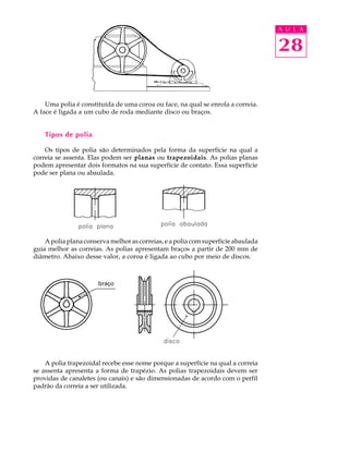 A U L A 
28 
Uma polia é constituída de uma coroa ou face, na qual se enrola a correia. 
A face é ligada a um cubo de roda mediante disco ou braços. 
Tipos de polia 
Os tipos de polia são determinados pela forma da superfície na qual a 
correia se assenta. Elas podem ser planas ou trapezoidais. As polias planas 
podem apresentar dois formatos na sua superfície de contato. Essa superfície 
pode ser plana ou abaulada. 
A polia plana conserva melhor as correias, e a polia com superfície abaulada 
guia melhor as correias. As polias apresentam braços a partir de 200 mm de 
diâmetro. Abaixo desse valor, a coroa é ligada ao cubo por meio de discos. 
A polia trapezoidal recebe esse nome porque a superfície na qual a correia 
se assenta apresenta a forma de trapézio. As polias trapezoidais devem ser 
providas de canaletes (ou canais) e são dimensionadas de acordo com o perfil 
padrão da correia a ser utilizada. 
 
