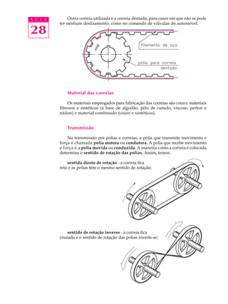 A U L A Outra correia utilizada é a correia dentada, para casos em que não se pode 
28 
ter nenhum deslizamento, como no comando de válvulas do automóvel. 
Material das correias 
Os materiais empregados para fabricação das correias são couro; materiais 
fibrosos e sintéticos (à base de algodão, pêlo de camelo, viscose, perlon e 
náilon) e material combinado (couro e sintéticos). 
Transmissão 
Na transmissão por polias e correias, a polia que transmite movimento e 
força é chamada polia motora ou condutora. A polia que recebe movimento 
e força é a polia movida ou conduzida. A maneira como a correia é colocada 
determina o sentido de rotação das polias. Assim, temos: 
· sentido direto de rotação - a correia fica 
reta e as polias têm o mesmo sentido de rotação; 
· sentido de rotação inverso - a correia fica 
cruzada e o sentido de rotação das polias inverte-se; 
 
