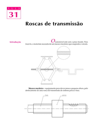 A U L A 
A U L A 
31 
31 
Roscas de transmissão 
Introdução O automóvel está com o pneu furado. Para 
trocá-lo, o motorista necessita de um macaco mecânico que suspenda o veículo. 
Macaco mecânico - equipamento para elevar pesos a pequena altura, pelo 
deslocamento de uma rosca de transmissão do sistema porca e fuso. 
 