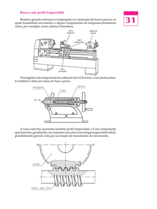 Rosca com perfil trapezoidal A U L A 
Resiste a grandes esforços e é empregada na construção de fusos e porcas, os 
31 
quais transmitem movimento a alguns componentes de máquinas-ferramenta 
como, por exemplo, torno, plaina e fresadora. 
O mangote é um componente do cabeçote móvel do torno, e seu deslocamen-to 
também é feito por meio de fuso e porca. 
A rosca sem-fim apresenta também perfil trapezoidal, e é um componente 
que funciona, geralmente, em conjunto com uma coroa (engrenagem helicoidal), 
possibilitando grande redução na relação de transmissão de movimento. 
 