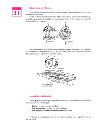 A U L A Rosca com perfil misto 
31 
Esta rosca é muito utilizada na construção de conjuntos fuso e porca com 
esferas recirculantes. 
Os fusos de esferas são elementos de transmissão de alta eficiência, transfor-mando 
movimento de rotação em movimento linear e vice-versa, por meio de 
transmissão por esferas. 
No acionamento do avanço do carro da fresadora ferramenteira por Coman-do 
Numérico Computadorizado (CNC) é usado esse tipo de rosca, visando 
transferência de força com o mínimo atrito. 
Material de fabricação 
Fusos, porcas e coroas podem ser fabricados de vários materiais, conforme 
as necessidades e indicações. 
· Fusos - aço-carbono ou aço-liga. 
· Porcas e coroas - bronze ou ferro fundido. 
· Fusos e porcas de esferas recirculares - aço-liga. 
Teste sua aprendizagem. Faça os exercícios. Confira suas respostas com as 
do gabarito. 
 