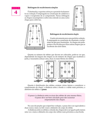 A U L A Rebitagem de recobrimento simples 
4 
É destinada a suportar esforços e permitir fechamen-to 
ou vedação. É empregada na construção de caldeiras a 
vapor e recipientes de ar comprimido. Nessa rebitagem 
as chapas se justapõem e sobre elas estende-se uma outra 
chapa para cobri-las. 
Rebitagem de recobrimento duplo 
Usada unicamente para uma perfeita vedação. 
É empregada na construção de chaminés e recipi-entes 
de gás para iluminação. As chapas são justa-postas 
e envolvidas por duas outras chapas que as 
recobrem dos dois lados. 
Quanto ao número de rebites que devem ser colocados, pode-se ver que, 
dependendo da largura das chapas ou do número de chapas que recobrem a 
junta, é necessário colocar uma, duas ou mais fileiras de rebites. 
Quanto à distribuição dos rebites, existem vários fatores a considerar: o 
comprimento da chapa, a distância entre a borda e o rebite mais próximo, o 
diâmetro do rebite e o passo. 
O passo é a distância entre os eixos dos rebites de uma mesma fileira. 
O passo deve ser bem calculado para não ocasionar 
empenamento das chapas. 
No caso de junções que exijam boa vedação, o passo deve ser equivalente a 
duas vezes e meia ou três vezes o diâmetro do corpo do rebite. 
A distância entre os rebites e a borda das chapas deve ser igual a pelo menos 
uma vez e meia o diâmetro do corpo dos rebites mais próximos a essa borda. 
 