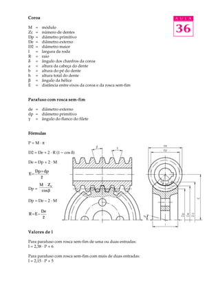 Coroa A U L A 
M = módulo 
36 
Zc = número de dentes 
Dp = diâmetro primitivo 
De = diâmetro externo 
D2 = diâmetro maior 
l = largura da roda 
R = raio 
d = ângulo dos chanfros da coroa 
a = altura da cabeça do dente 
b = altura do pé do dente 
h = altura total do dente 
b = ângulo da hélice 
E = distância entre eixos da coroa e da rosca sem-fim 
Parafuso com rosca sem-fim 
de = diâmetro externo 
dp = diâmetro primitivo 
g = ângulo do flanco do filete 
Fórmulas 
P = M · p 
D2 = De + 2 · R (1 - cos d) 
De = Dp + 2 · M 
E 
= Dp+dp 
2 
Dp = 
M × Ze 
cosb 
Dp = De - 2 · M 
R E 
= - De 
2 
Valores de l 
Para parafuso com rosca sem-fim de uma ou duas entradas: 
l = 2,38 · P + 6 
Para parafuso com rosca sem-fim com mais de duas entradas: 
l = 2,15 · P + 5 
 