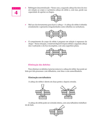 A U L A · Rebitagem descentralizada - Nesse caso, a segunda cabeça fica fora do eixo 
4 
em relação ao corpo e à primeira cabeça do rebite e, com isso, perde sua 
capacidade de apertar as chapas. 
· Mal uso das ferramentas para fazer a cabeça - A cabeça do rebite é rebatida 
erradamente e apresenta irregularidades como rebarbas ou rachaduras. 
· O comprimento do corpo do rebite é pequeno em relação à espessura da 
chapa - Nessa situação, o material disponível para rebitar a segunda cabeça 
não é suficiente e ela fica incompleta, com uma superfície plana. 
Eliminação dos defeitos 
Para eliminar os defeitos é preciso remover a cabeça do rebite. Isso pode ser 
feito por três processos: com talhadeira, com lima e com esmerilhadeira. 
Eliminação com talhadeira 
A cabeça do rebite é aberta em duas partes e depois extraída. 
A cabeça do rebite pode ser extraída inteira, com uma talhadeira trabalhan-do 
de lado. 
 
