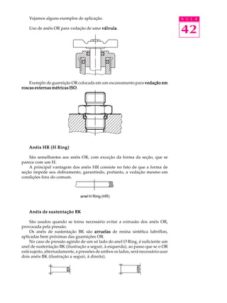 Vejamos alguns exemplos de aplicação. A U L A 
Uso de anéis OR para vedação de uma válvula. 
42 
Exemplo de guarnição OR colocada em um escareamento para vedação em 
roscas externas métricas ISO. 
Anéis HR (H Ring) 
São semelhantes aos anéis OR, com exceção da forma da seção, que se 
parece com um H. 
A principal vantagem dos anéis HR consiste no fato de que a forma de 
seção impede seu dobramento, garantindo, portanto, a vedação mesmo em 
condições fora do comum. 
anel H Ring (HR) 
Anéis de sustentação BK 
São usados quando se torna necessário evitar a extrusão dos anéis OR, 
provocada pela pressão. 
Os anéis de sustentação BK são arruelas de resina sintética lubriflon, 
aplicadas bem próximas das guarnições OR. 
No caso de pressão agindo de um só lado do anel O Ring, é suficiente um 
anel de sustentação BK (ilustração a seguir, à esquerda), ao passo que se o OR 
está sujeito, alternadamente, a pressões de ambos os lados, será necessário usar 
dois anéis BK (ilustração a seguir, à direita). 
 