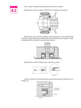 A U L A Veja a seguir, exemplos de aplicação dos anéis de vedação. 
42 
Aplicação de anel de vedação ANGUS para emprego em motores. 
Aplicação de dois anéis de vedação com interposição de um distanciador 
com furo e engraxadeira para lubrificação. Deste modo se pode impedir a saída 
do lubrificante e a entrada de pó pela parte oposta. 
Aplicação do anel de vedação para coxinetes a roletes. 
Anel de vedação com arruela de apoio que permite suportar pressões de 7 a 
10 kgf/cm2. 
 