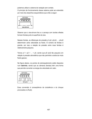 podemos utilizar o sistema de vedação sem contato. 
O princípio de funcionamento desse sistema pode ser entendido 
por meio dos desenhos esquemáticos que virão a seguir: 
Observe que o eixo-árvore liso e a carcaça com bordas afiadas 
formam fendas junto à superfície do eixo. 
Nessas fendas, as diferenças de pressão p1-p2, p2-p3, ... p4-p5 
determinam certa velocidade ao fluido. O número de fendas é 
grande, por isso a relação de pressão entre duas fendas é 
relativamente pequena. 
Temos p1 > p2 > ... > p5, sendo que p5 será tão pequena em 
relação à pressão atmosférica que não permitirá a saída de muito 
fluido gasoso. 
Na figura abaixo, os pontos de estrangulamento estão dispostos 
num labirinto, sendo que as câmaras (fendas) têm uma forma 
que permite converter a energia da velocidade em calor. 
Essa conversão é conseqüência da turbulência e do choque 
provocados no fluido. 
497 
 