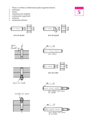 Pinos e cavilhas se diferenciam pelos seguintes fatores: A U L A 
5 
· utilização 
· forma 
· tolerâncias de medidas 
· acabamento superficial 
· material 
· tratamento térmico 
pino de ajuste pino de ajuste 
pino de união 
 