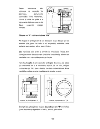 499 
Esses segmentos são 
utilizados na vedação de 
coxinetes, comumente 
conhecidos como rolamentos, 
contra a saída de graxa e a 
penetração de impurezas ou de 
água, ocupando espaço 
limitado. 
Chapas em “Z” e distanciadores “ZW” 
As chapas de proteção em Z são discos de chapa de aço que se 
montam aos pares no eixo e no alojamento formando uma 
vedação sem contato, eficaz e econômica. 
São indicadas para evitar a entrada de impurezas sólidas. Em 
condições muito desfavoráveis (indústria carbonífera), devem ser 
montados pelo menos três pares de chapas. 
Para lubrificação de um coxinete, protegido de ambos os lados 
por chapinhas em Z, é necessário montar, de um lado, chapas 
onduladas tipo ZW, com a função de anéis distanciadores. Para 
montá-las, coloca-se uma no alojamento e outra no eixo . 
chapas de proteção em “Z” chapas onduladas tipo “ZW” 
Exemplo de aplicação de chapas de proteção em “Z” em relhas 
(parte do arado que penetra na terra), à disco, para trator. 
 