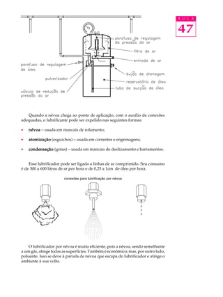 A U L A 
47 
Quando a névoa chega ao ponto de aplicação, com o auxílio de conexões 
adequadas, o lubrificante pode ser expelido nas seguintes formas: 
· névoa - usada em mancais de rolamento; 
· atomização (esguichos) - usada em correntes e engrenagens; 
· condensação (gotas) - usada em mancais de deslizamento e barramentos. 
Esse lubrificador pode ser ligado a linhas de ar comprimido. Seu consumo 
é de 300 a 600 litros de ar por hora e de 0,25 a 1cm³ de óleo por hora. 
conexões para lubrificação por névoa 
O lubrificador por névoa é muito eficiente, pois a névoa, sendo semelhante 
a um gás, atinge todas as superfícies. Também é econômico; mas, por outro lado, 
poluente. Isso se deve à parcela de névoa que escapa do lubrificador e atinge o 
ambiente à sua volta. 
 