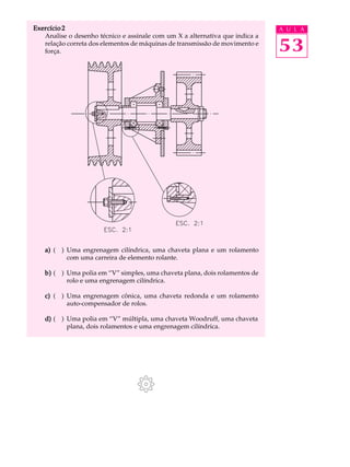 Exercício 2 A U L A 
53 
Analise o desenho técnico e assinale com um X a alternativa que indica a 
relação correta dos elementos de máquinas de transmissão de movimento e 
força. 
a) ( ) Uma engrenagem cilíndrica, uma chaveta plana e um rolamento 
com uma carreira de elemento rolante. 
b) ( ) Uma polia em “V” simples, uma chaveta plana, dois rolamentos de 
rolo e uma engrenagem cilíndrica. 
c) ( ) Uma engrenagem cônica, uma chaveta redonda e um rolamento 
auto-compensador de rolos. 
d) ( ) Uma polia em “V” múltipla, uma chaveta Woodruff, uma chaveta 
plana, dois rolamentos e uma engrenagem cilíndrica. 
 