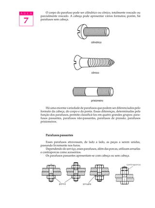 A U L A O corpo do parafuso pode ser cilíndrico ou cônico, totalmente roscado ou 
7 
parcialmente roscado. A cabeça pode apresentar vários formatos; porém, há 
parafusos sem cabeça. 
cilíndrico 
cônico 
prisioneiro 
Há uma enorme variedade de parafusos que podem ser diferenciados pelo 
formato da cabeça, do corpo e da ponta. Essas diferenças, determinadas pela 
função dos parafusos, permite classificá-los em quatro grandes grupos: para-fusos 
passantes, parafusos não-passantes, parafusos de pressão, parafusos 
prisioneiros. 
Parafusos passantes 
Esses parafusos atravessam, de lado a lado, as peças a serem unidas, 
passando livremente nos furos. 
Dependendo do serviço, esses parafusos, além das porcas, utilizam arruelas 
e contraporcas como acessórios. 
Os parafusos passantes apresentam-se com cabeça ou sem cabeça. 
 